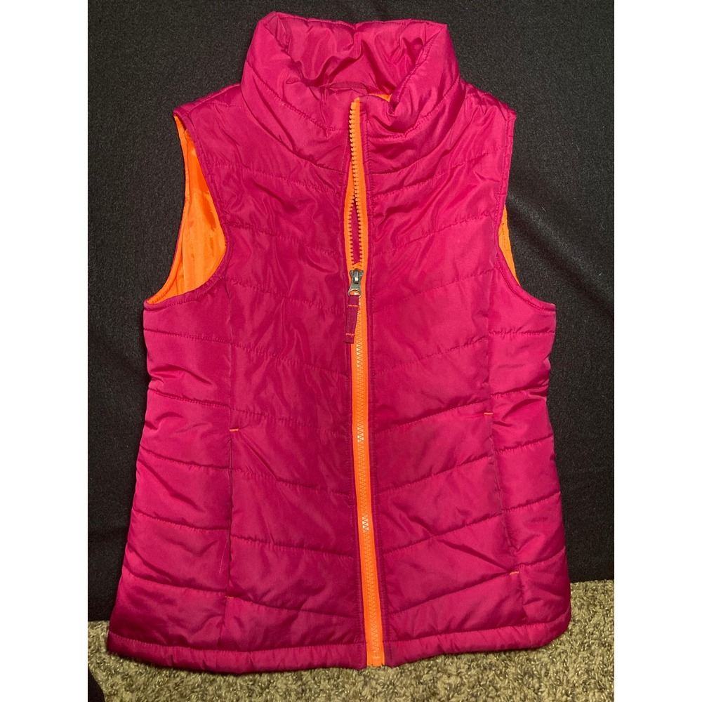 Lands End Kids Magenta Pink Orange Quilted Puffer Vest Full Zip Size M 5-6
